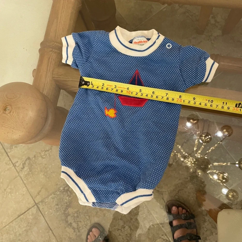 Vintage Health-tex Baby Romper 6 Months Blue Knit Sailboat Made in USA 70s 80s‎